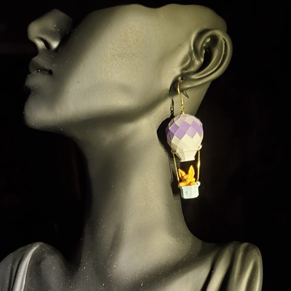 Purple and Gold Cartoon Fox Hot Air Balloon Earrings